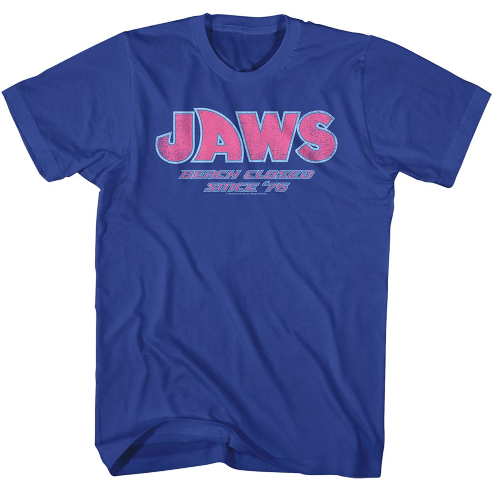 Royal blue Jaws t-shirt featuring Jaws Beach Closed design
