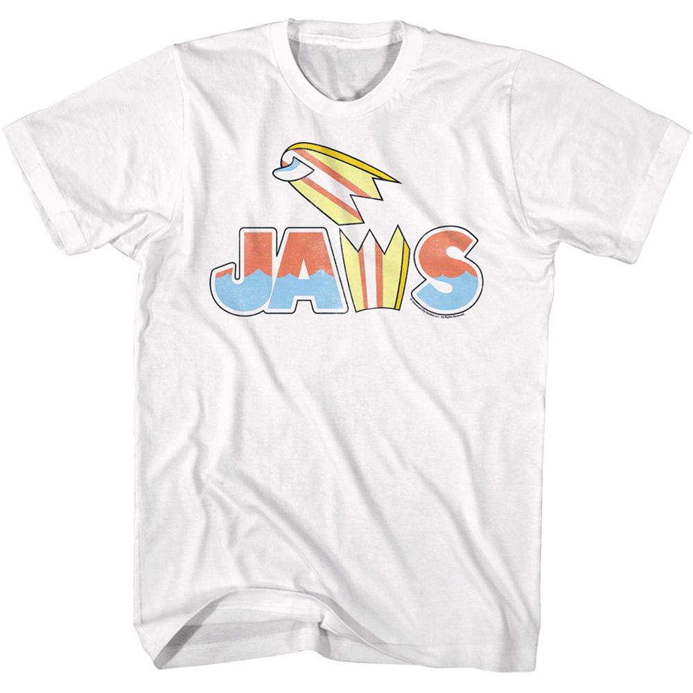 White Jaws t-shirt featuring Jaws Broken Surfboard design
