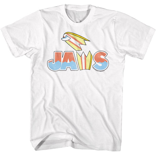 White Jaws t-shirt featuring Jaws Broken Surfboard design