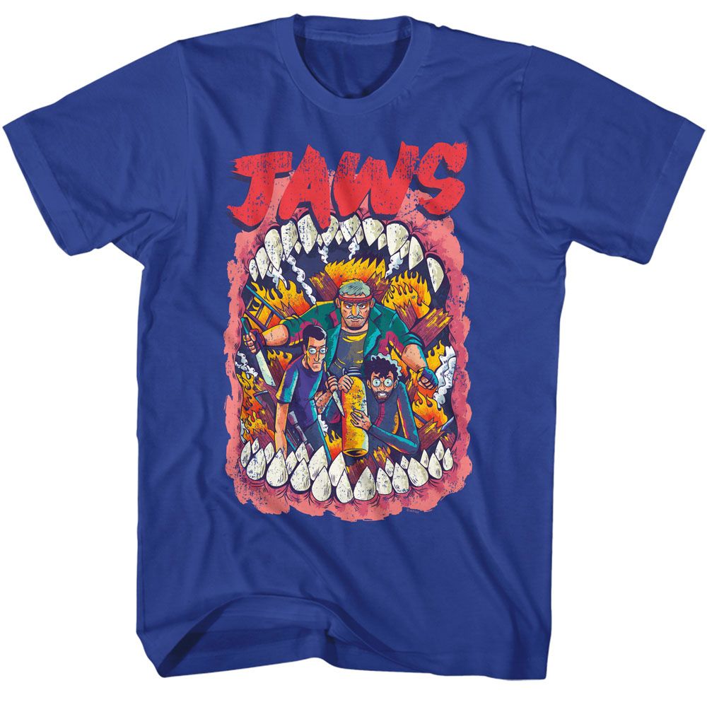 Royal blue Jaws t-shirt featuring Jaws Big Mouth design