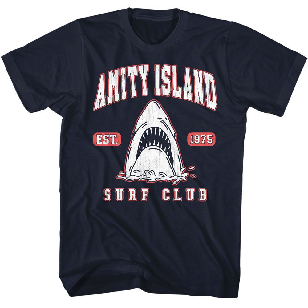 Navy Jaws t-shirt featuring Jaws Surf Club Collegiate design