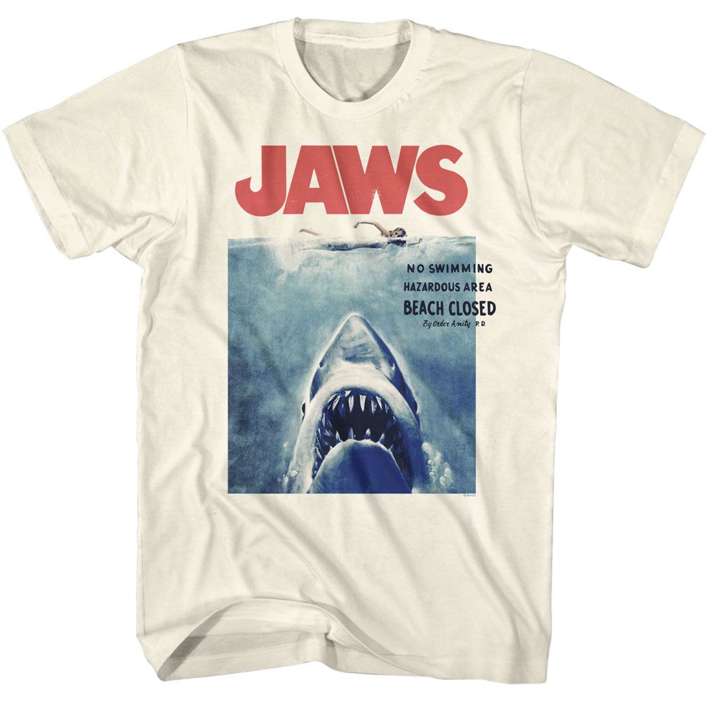 Natural Jaws t-shirt featuring Jaws No Swimming design