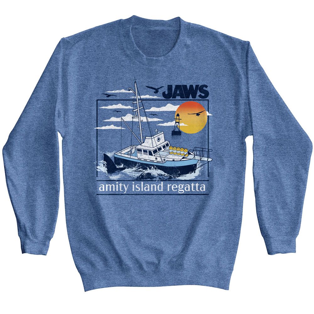 Vintage blue heather Jaws sweatshirt featuring Jaws Amity Island Regatta vintage design