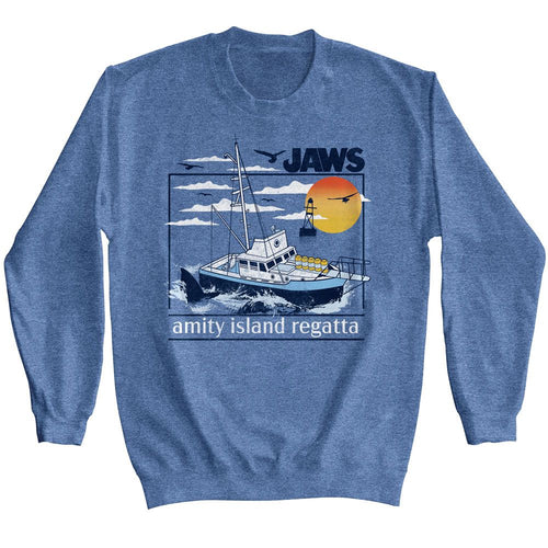 Vintage blue heather Jaws sweatshirt featuring Jaws Amity Island Regatta vintage design