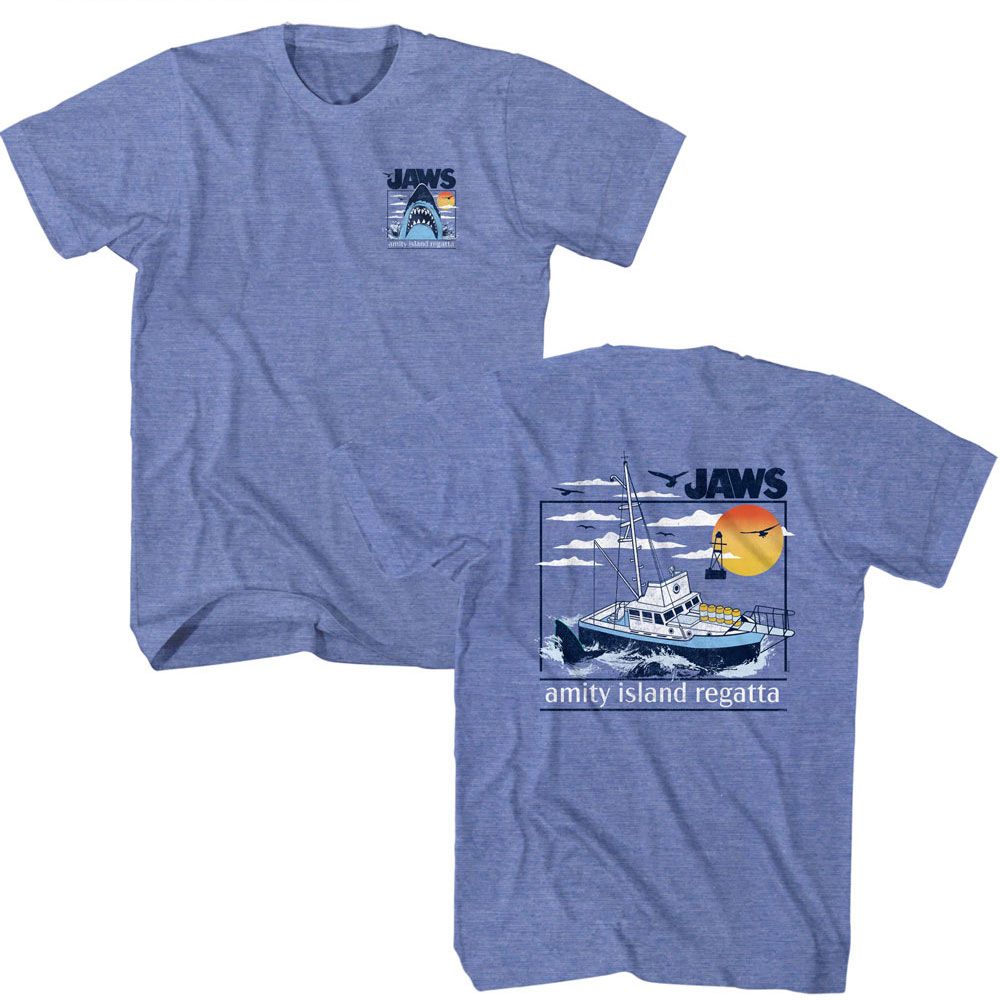 Light blue heather Jaws t-shirt featuring Jaws Amity Island Regatta design