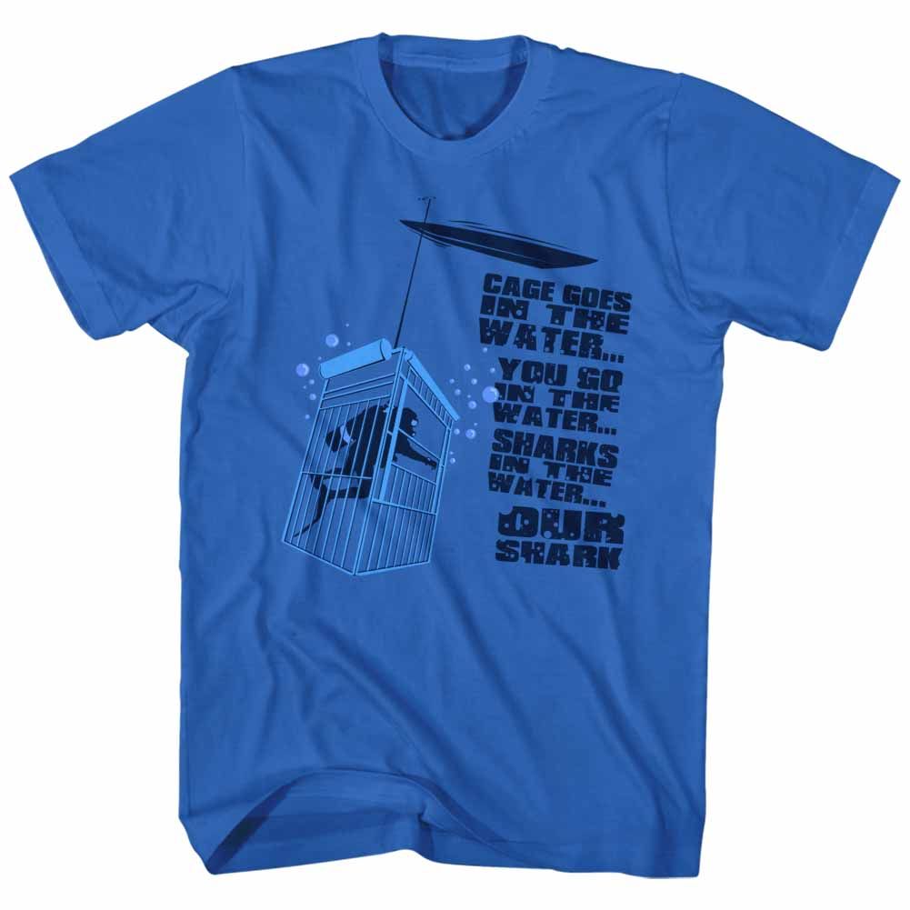 Royal blue Jaws t-shirt featuring Jaws Cage In The Water design