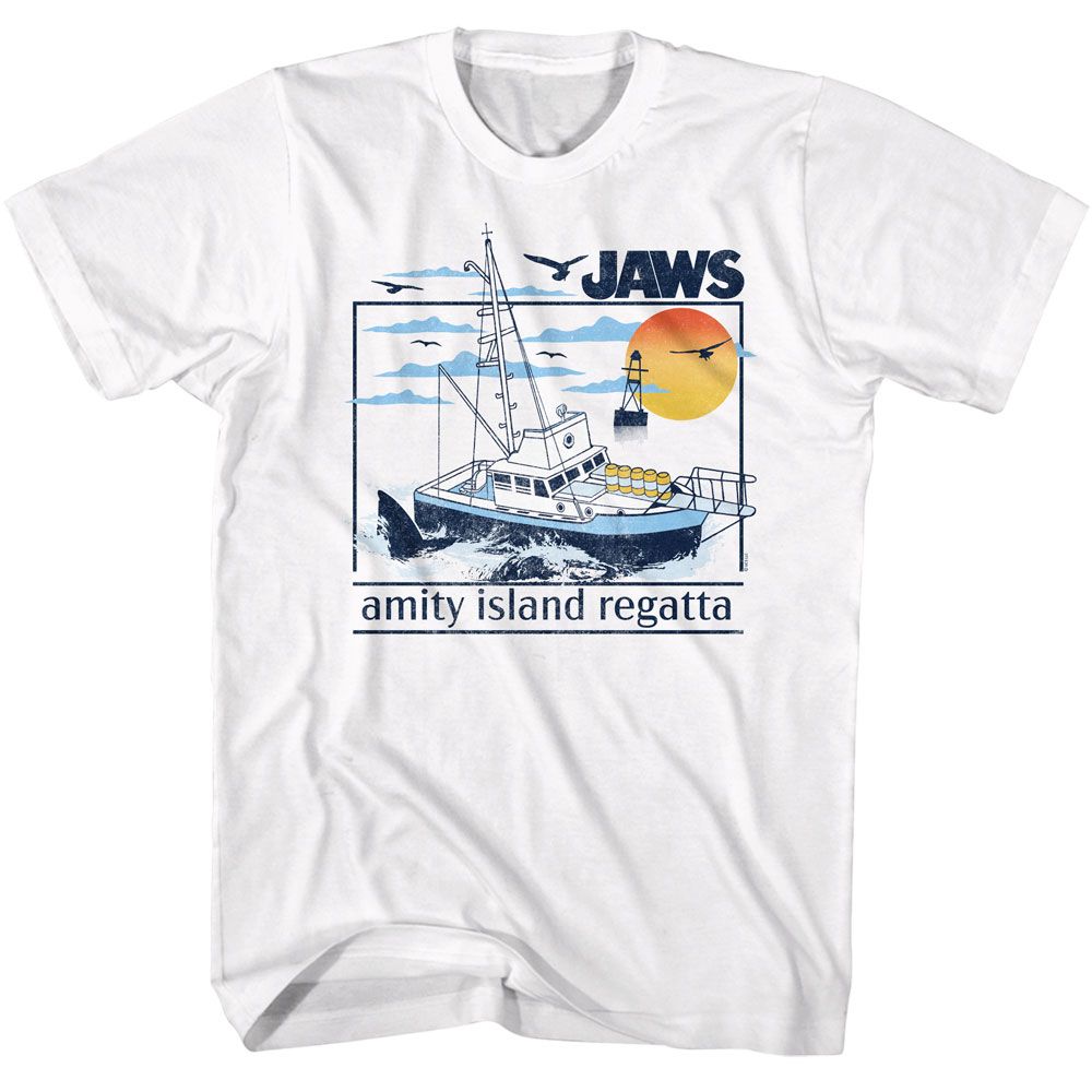 White Jaws t-shirt featuring Jaws Amity Island Regatta design