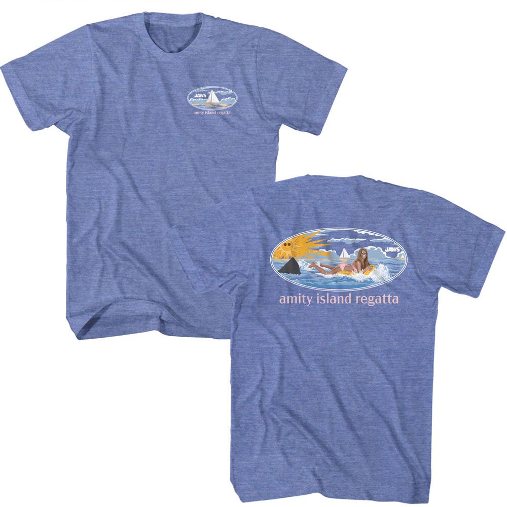 Light blue heather Jaws t-shirt featuring Jaws Girl On Float design