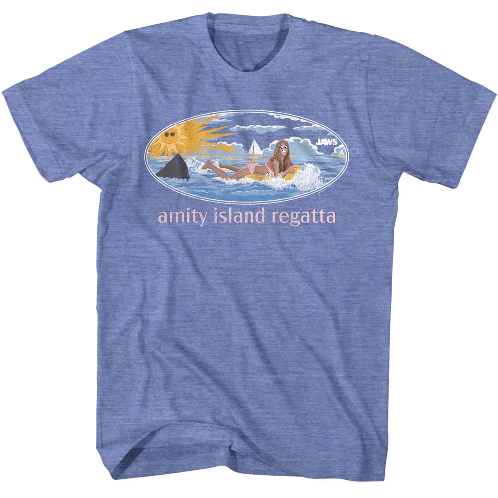 Light blue heather Jaws t-shirt featuring Jaws Girl On Float design
