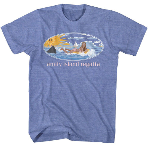 Light blue heather Jaws t-shirt featuring Jaws Girl On Float design