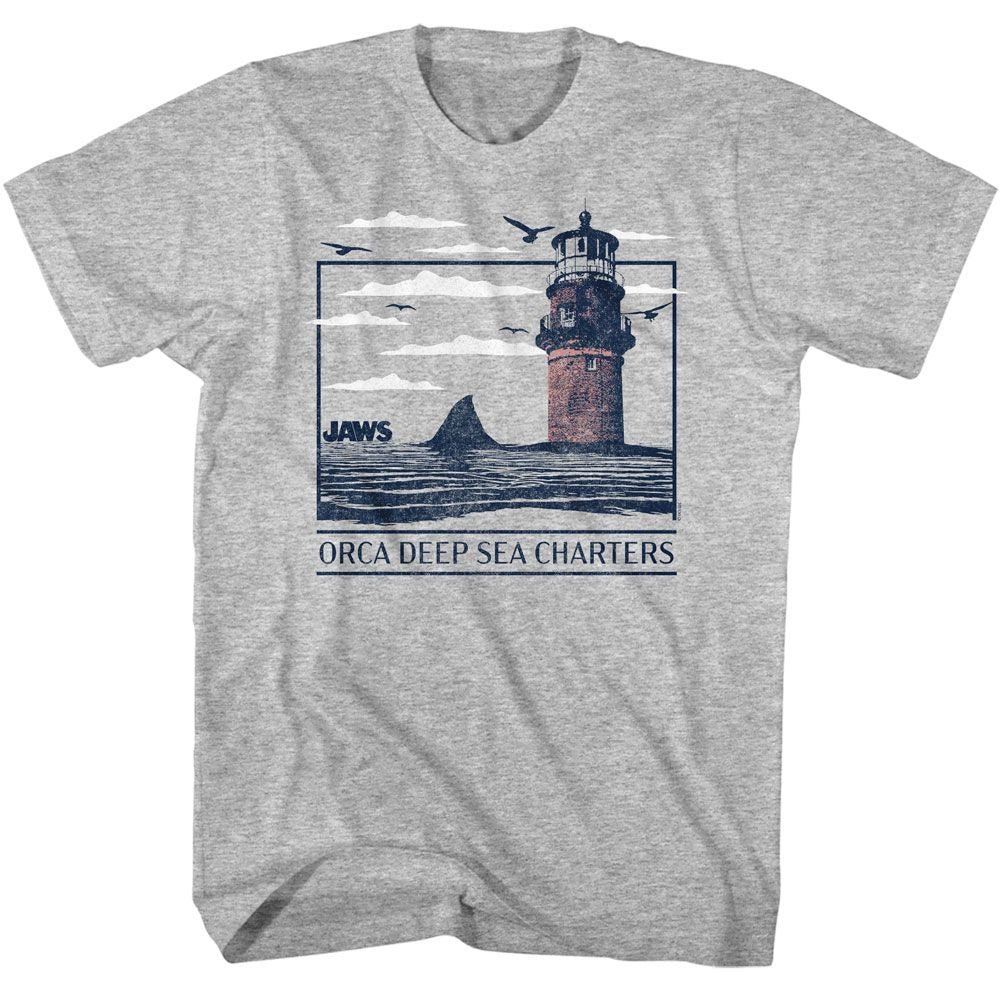 Gray heather Jaws t-shirt featuring Jaws Orca Deep Sea Charters design