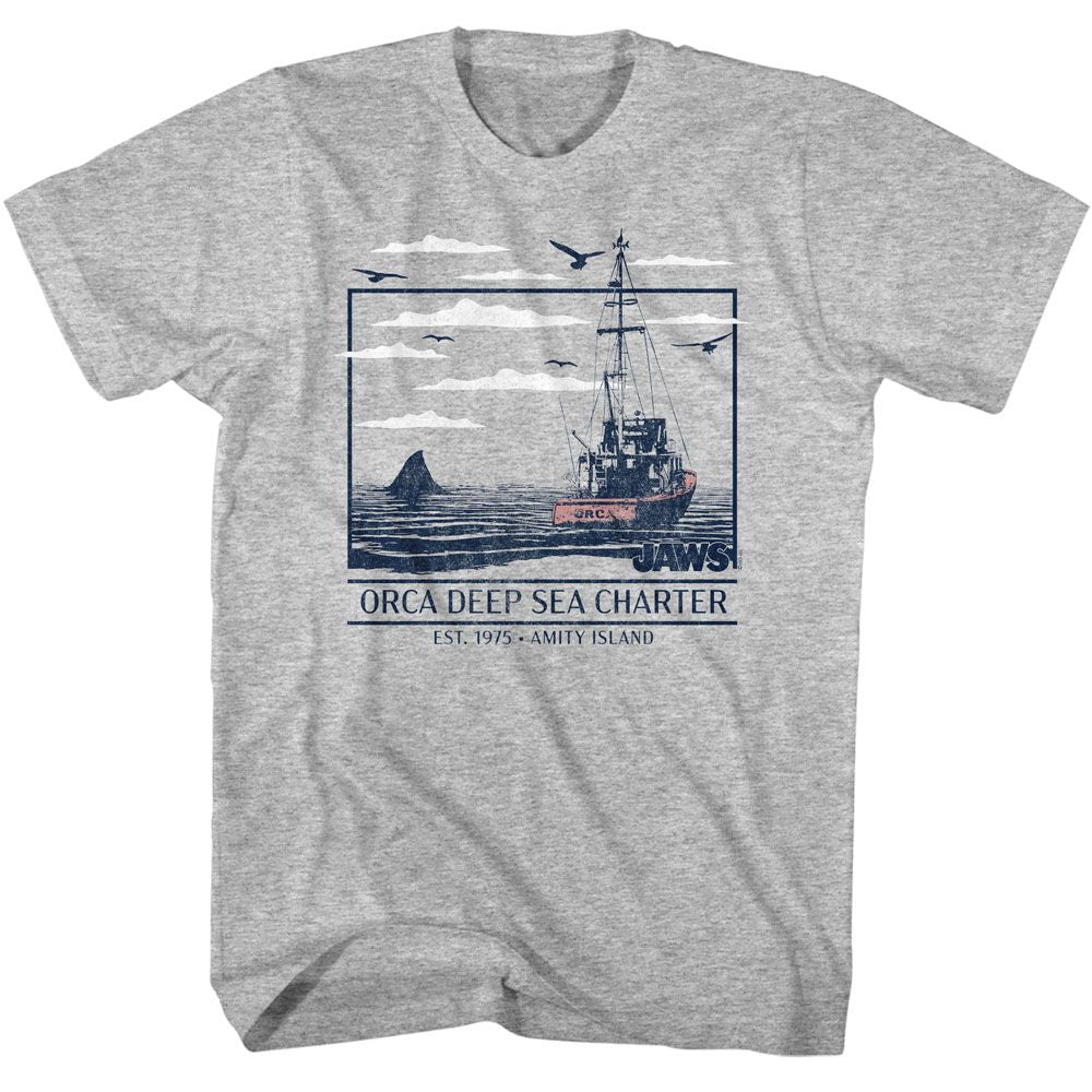 Gray heather Jaws t-shirt featuring Jaws Orca Deep Sea Boat design