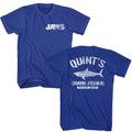 Royal blue Jaws t-shirt featuring Jaws Quint's design (front and back)
