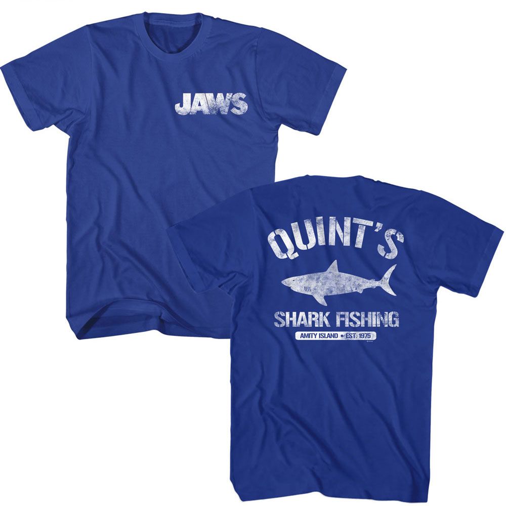 Royal blue Jaws t-shirt featuring Jaws Quint's design (front and back)