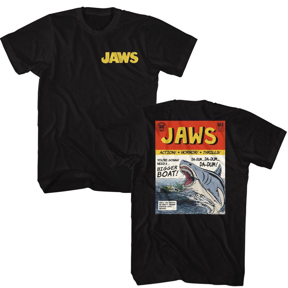 Black Jaws t-shirt featuring Jaws Comic design (front and back)
