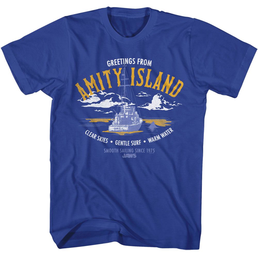 Royal blue Jaws t-shirt featuring Jaws Greeting From Amity Island design