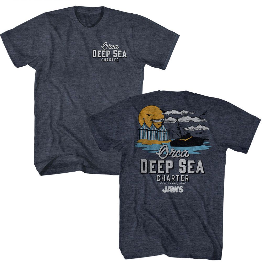 Navy heather Jaws t-shirt featuring Jaws Orca Charters Illustrated design