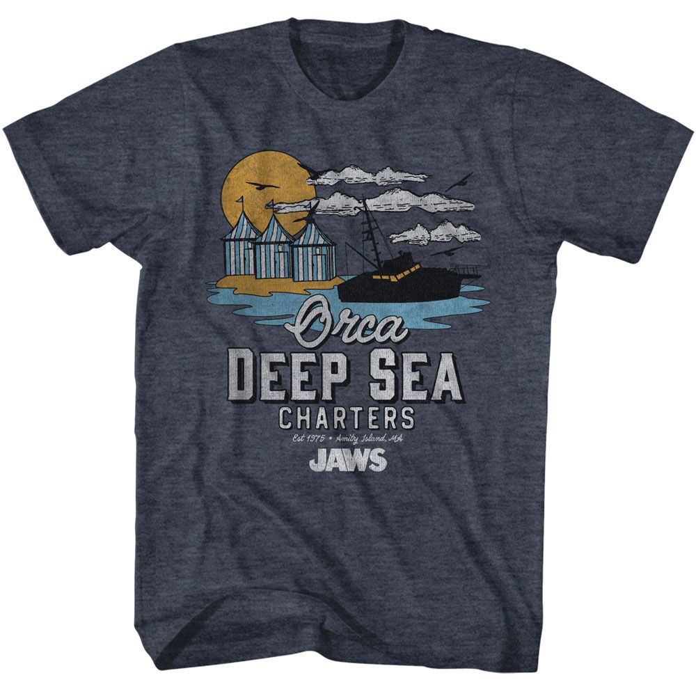 Navy heather Jaws t-shirt featuring Jaws Orca Charters Illustrated design