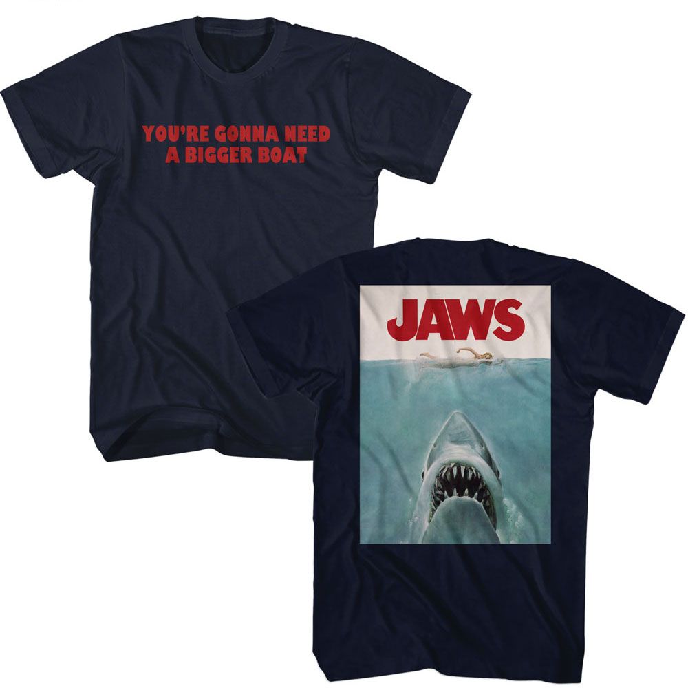 Navy Jaws t-shirt featuring Jaws Bigger Boat design (front and back)