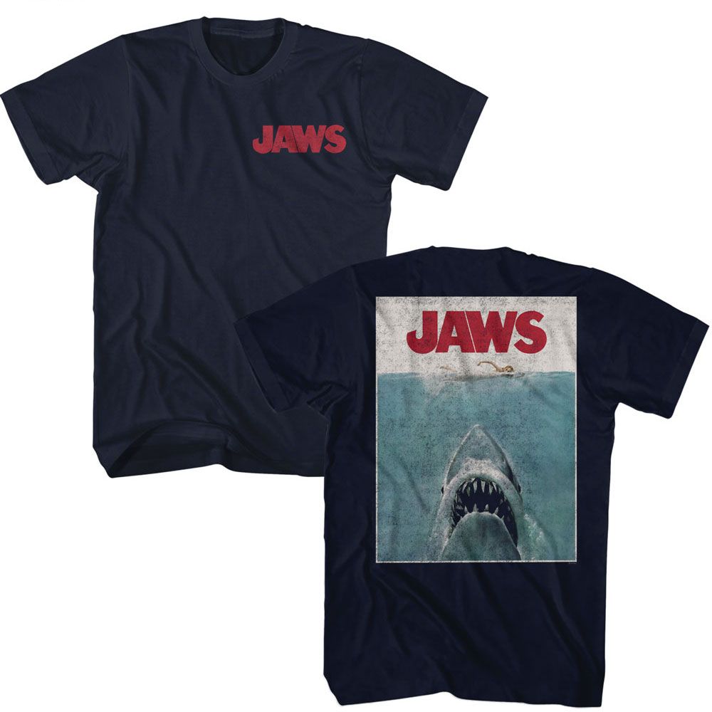 Navy Jaws t-shirt featuring Jaws Vintage Poster design (front and back)