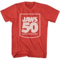 Red heather Jaws t-shirt featuring Jaws 50th Anniversary design