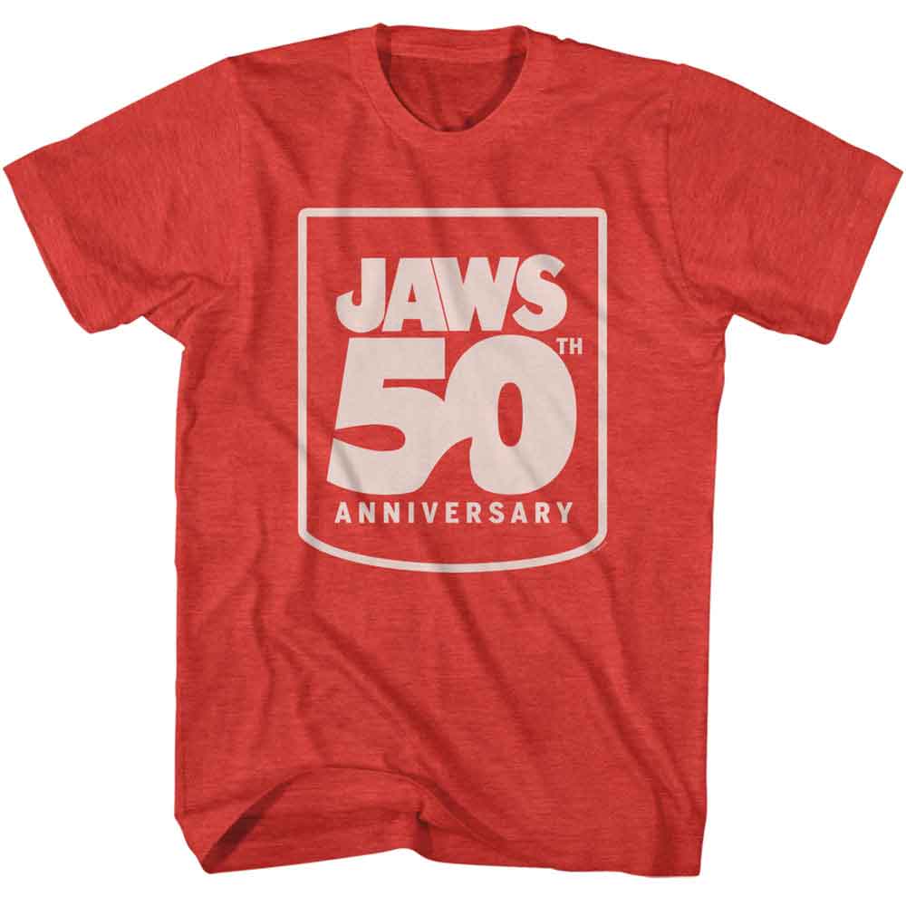 Red heather Jaws t-shirt featuring Jaws 50th Anniversary design
