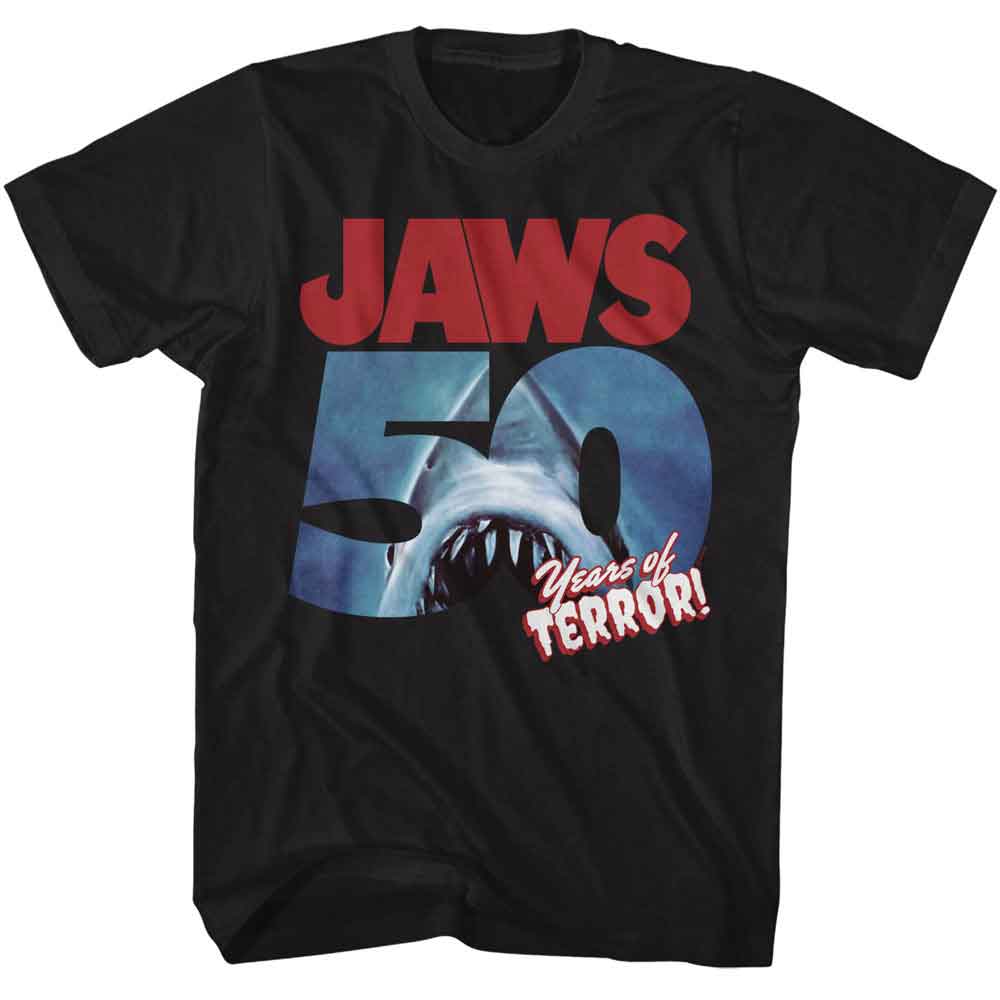 Black Jaws t-shirt featuring Jaws 50 Years Of Terror design