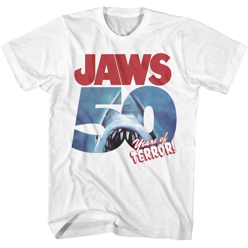White Jaws t-shirt featuring Jaws 50 Years Of Terror design