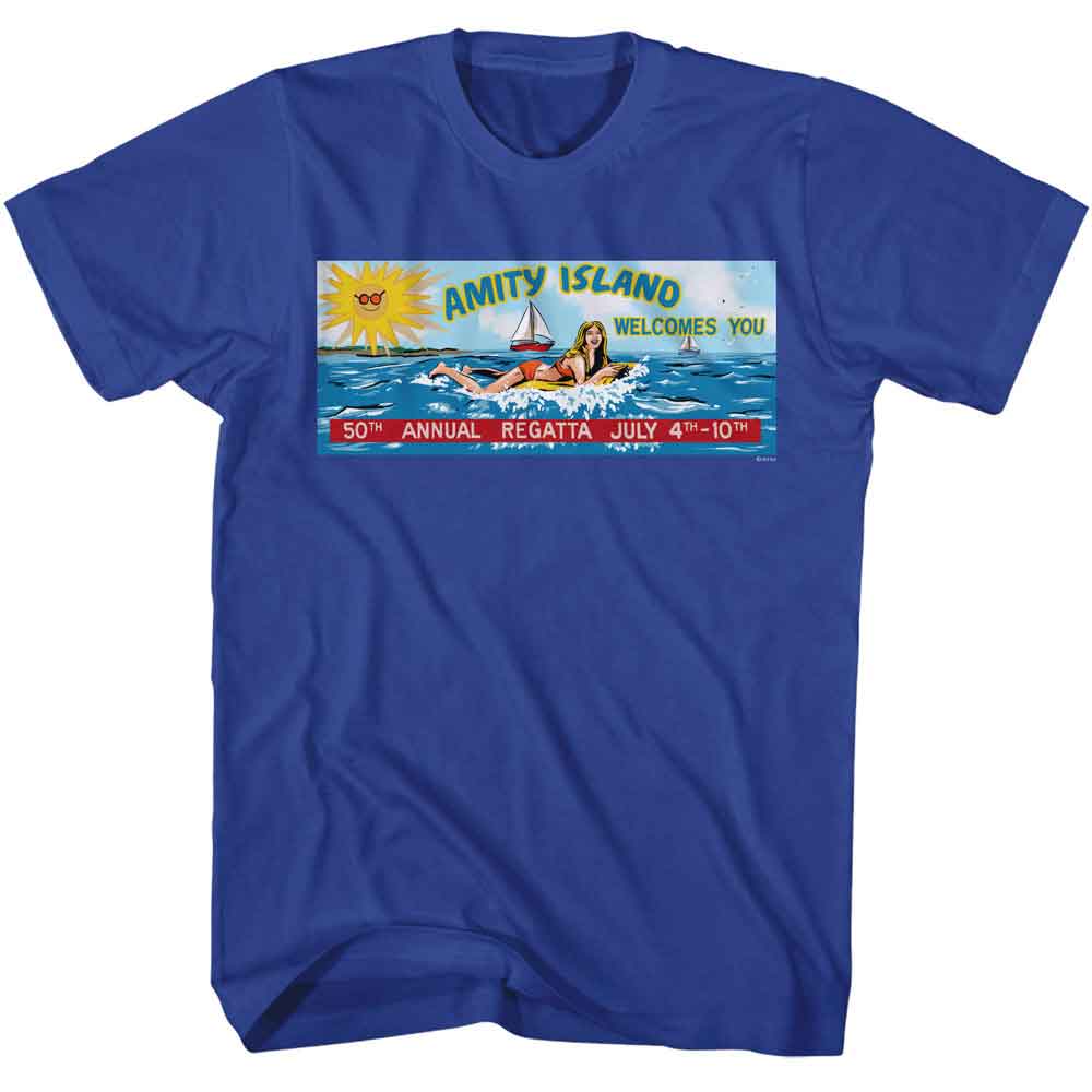 Royal blue Jaws t-shirt featuring Jaws 50th Annual Regatta design