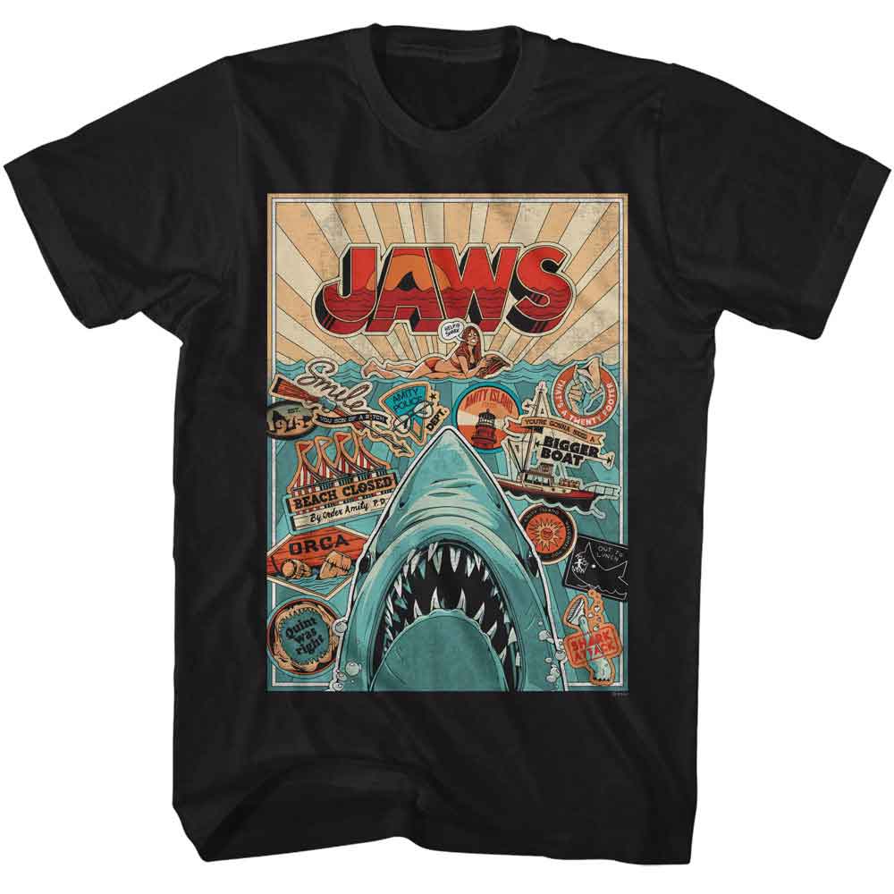 Black Jaws t-shirt featuring Jaws Icons Poster design