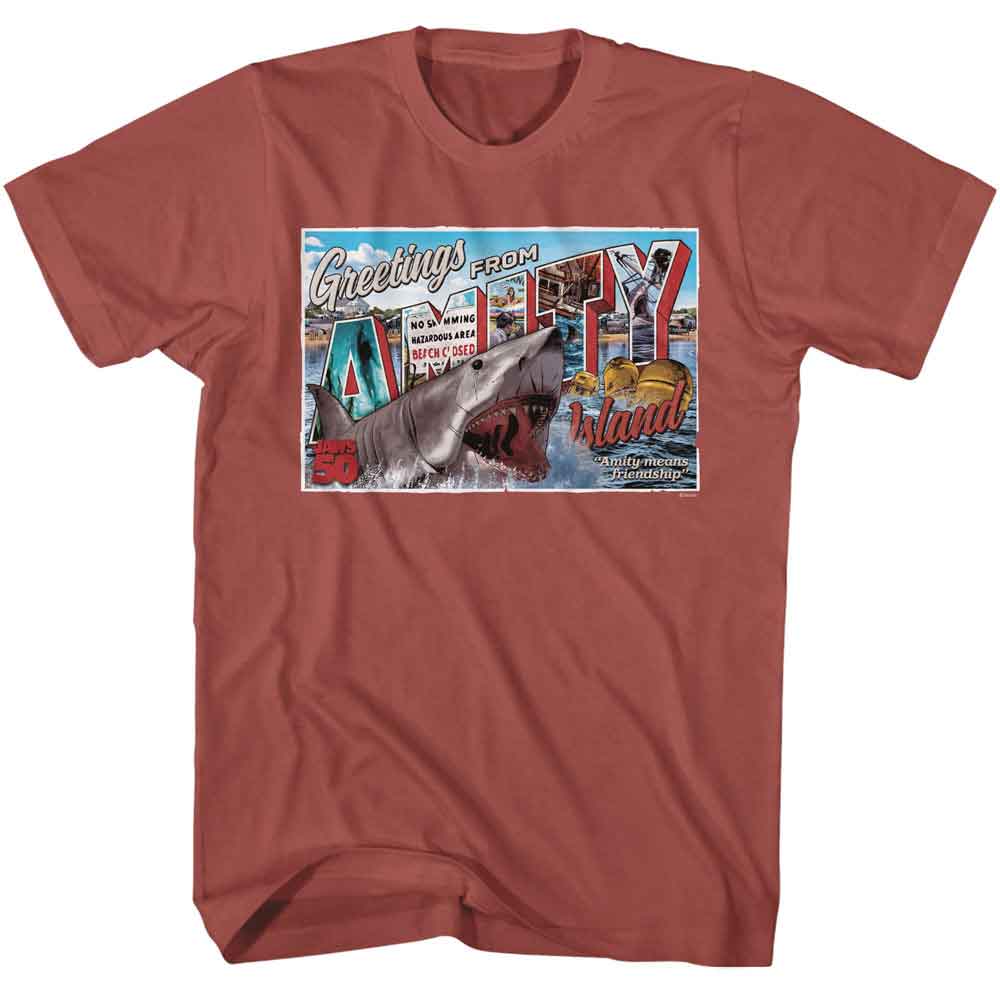 Terracotta Jaws t-shirt featuring Jaws Amity Island Postcard design