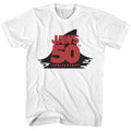 White Jaws t-shirt featuring Jaws 50th Anniversary Fin design