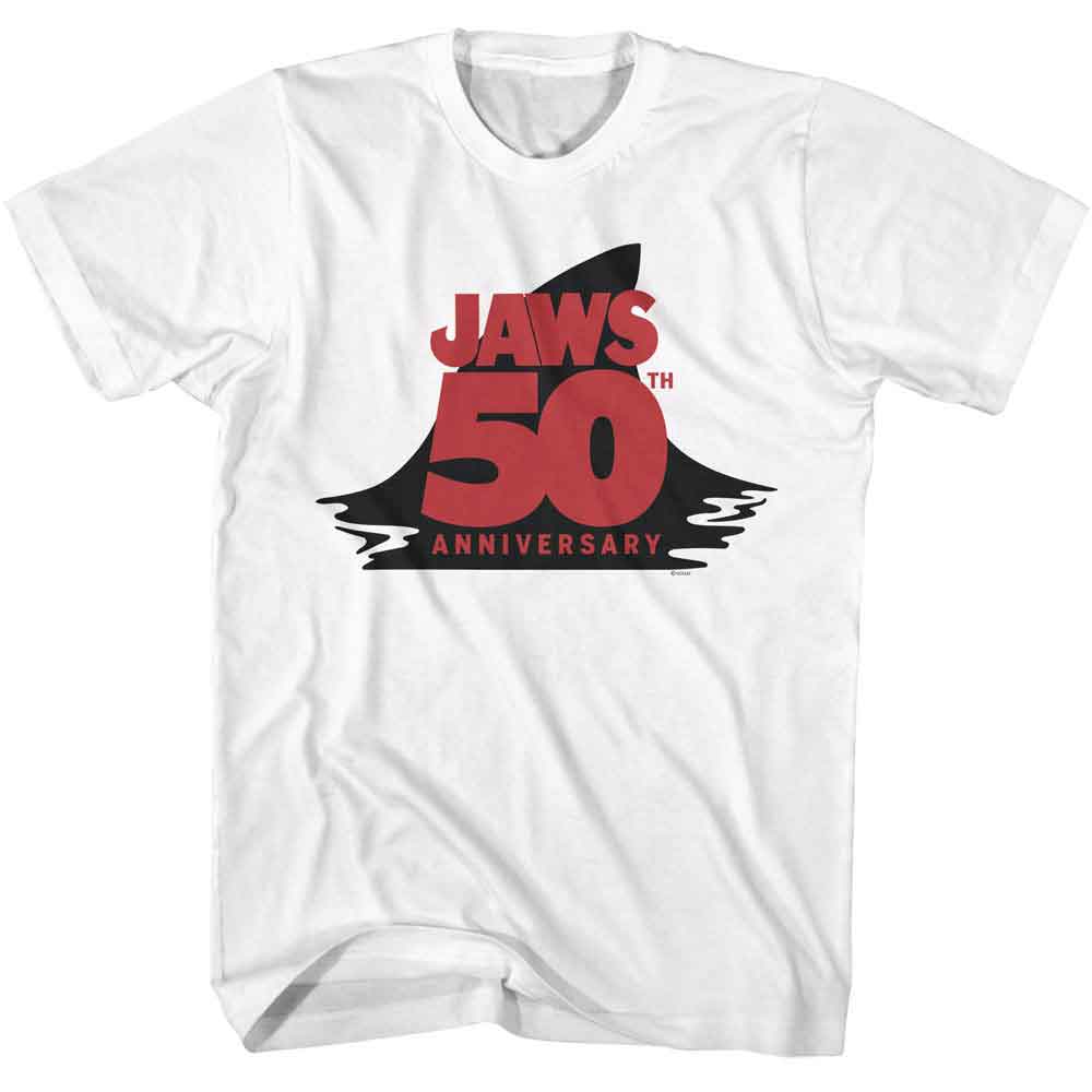 White Jaws t-shirt featuring Jaws 50th Anniversary Fin design