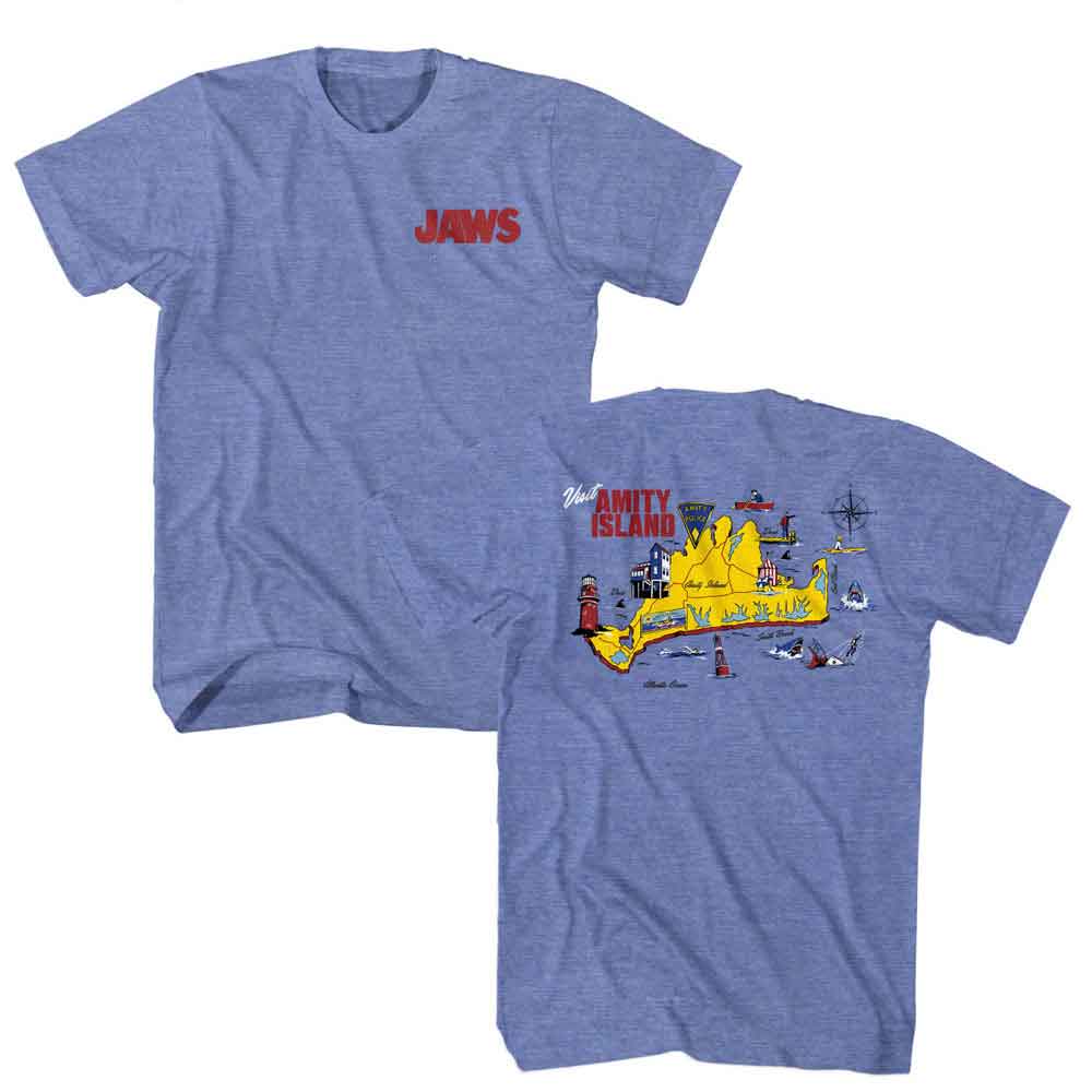 Light blue heather Jaws t-shirt featuring Jaws Amity Island Map design (front and back)
