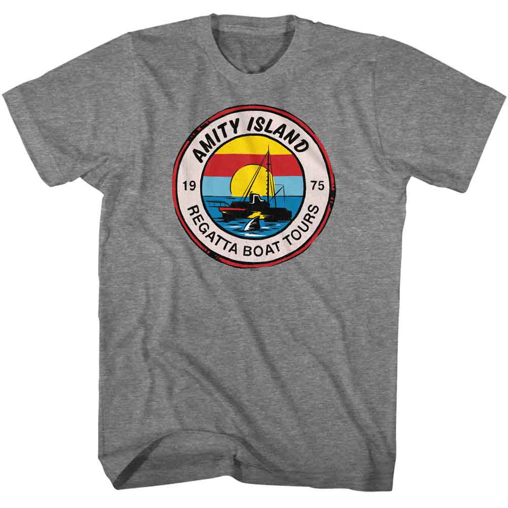 Graphite heather Jaws t-shirt featuring Jaws Regatta Boat Tours design