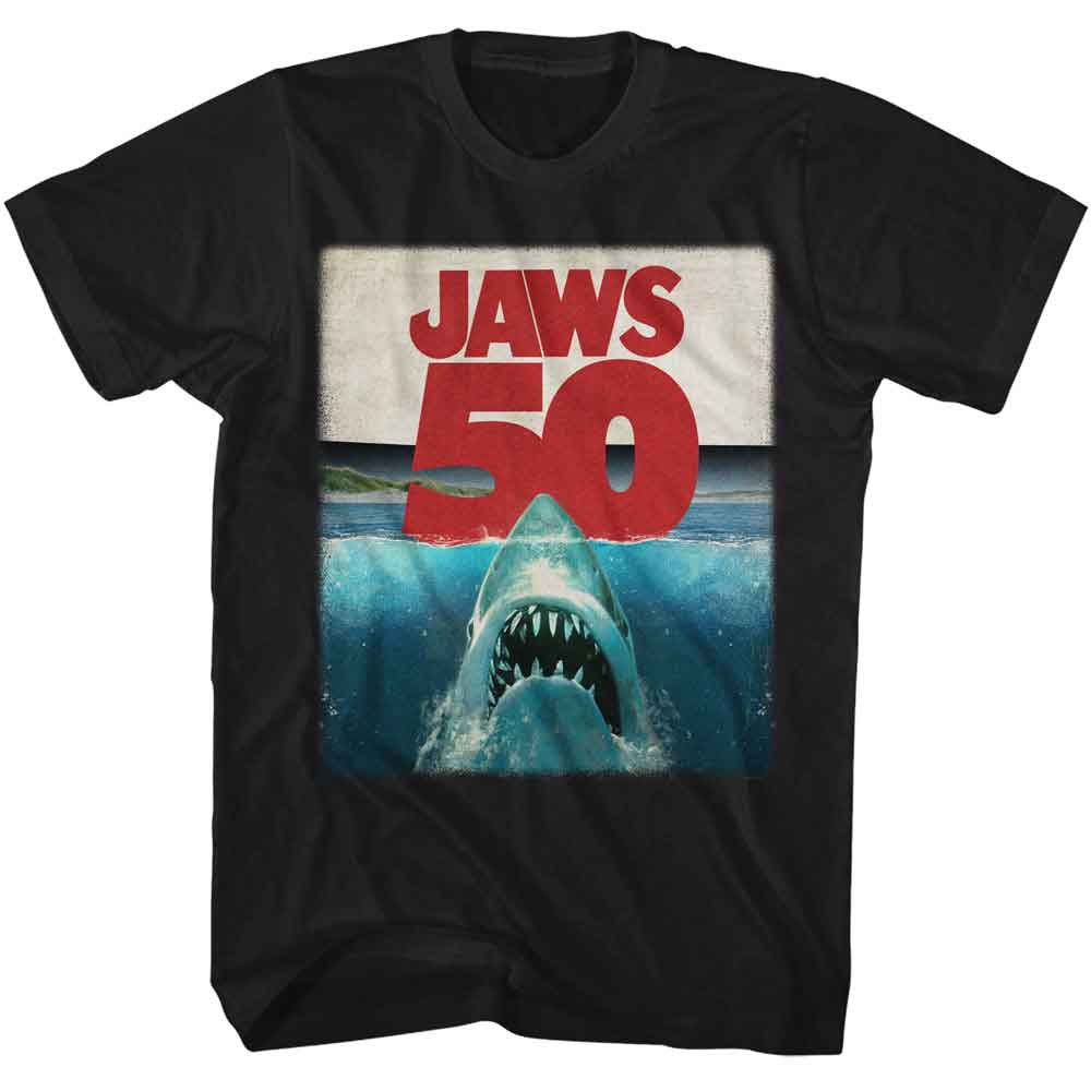Black Jaws t-shirt featuring Jaws 50th Shark Under Water design