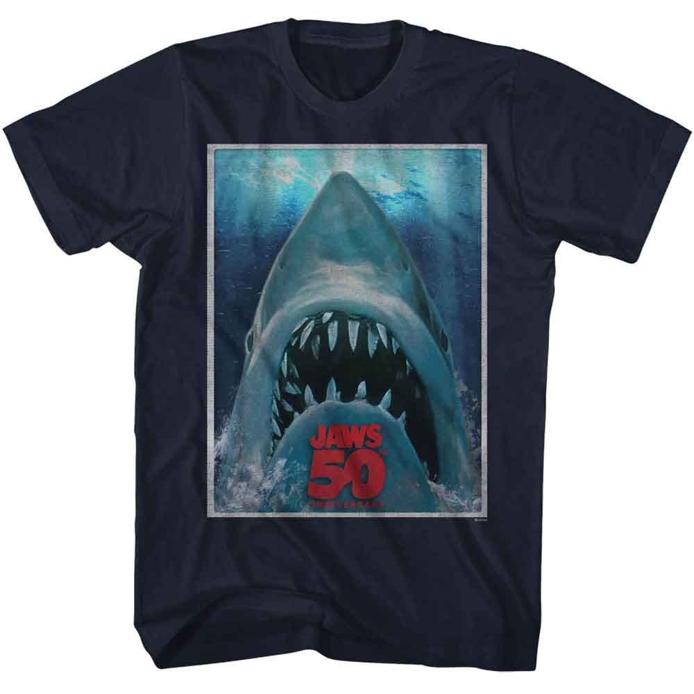 Navy Jaws t-shirt featuring Jaws 50th Poster design