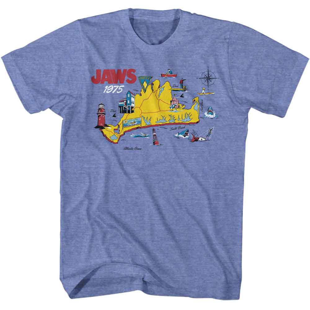 Light blue heather Jaws t-shirt featuring Jaws 75 Island Map design