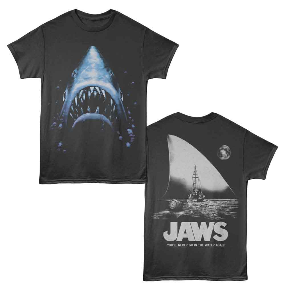 Smoke gray Jaws t-shirt featuring Jaws Large Fin Scene design (front and back)