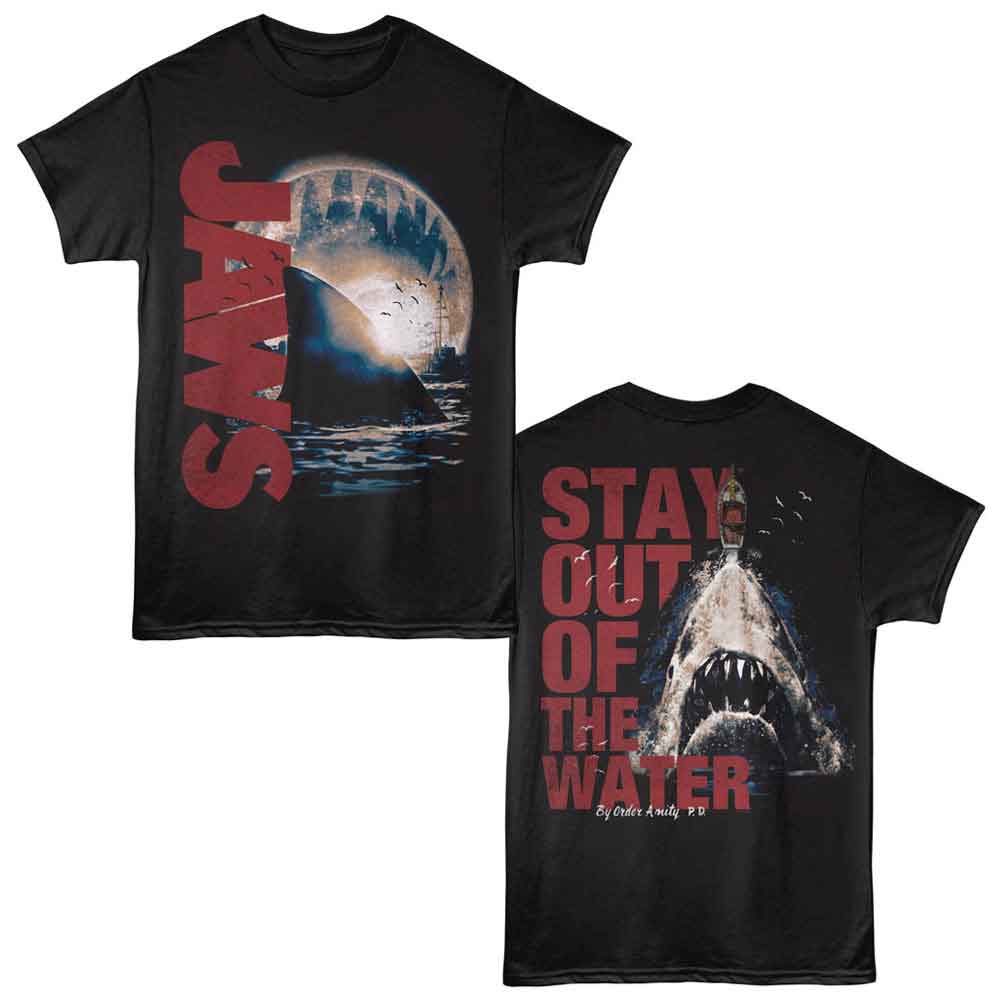 Black Jaws t-shirt featuring Jaws Stay Out Of The Water design (front and back)