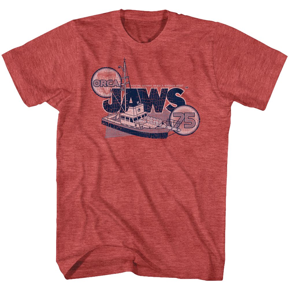 Red heather Jaws t-shirt featuring Jaws Orca 75 design