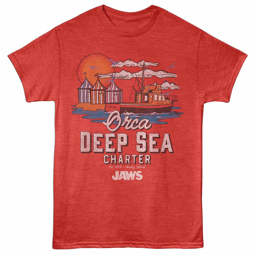 Red heather Jaws t-shirt featuring a Orca Deep Sea Charter Boat design