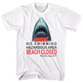 White Jaws t-shirt featuring Jaws Beach Closed design
