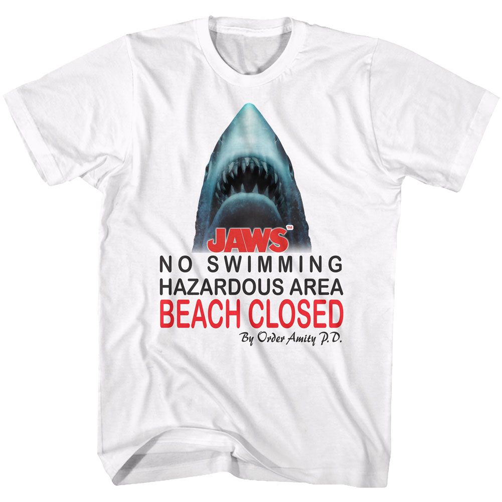 White Jaws t-shirt featuring Jaws Beach Closed design