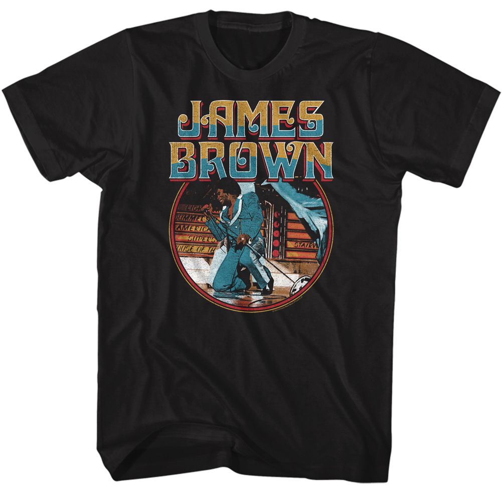 Black James Brown t-shirt featuring James Brown Kneel Circle design