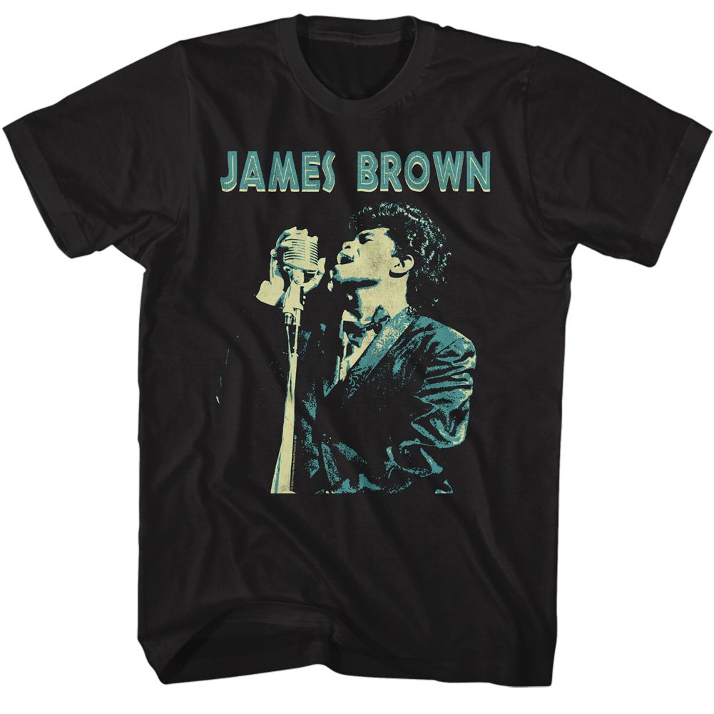 Black James Brown t-shirt featuring James Brown JB Singing design