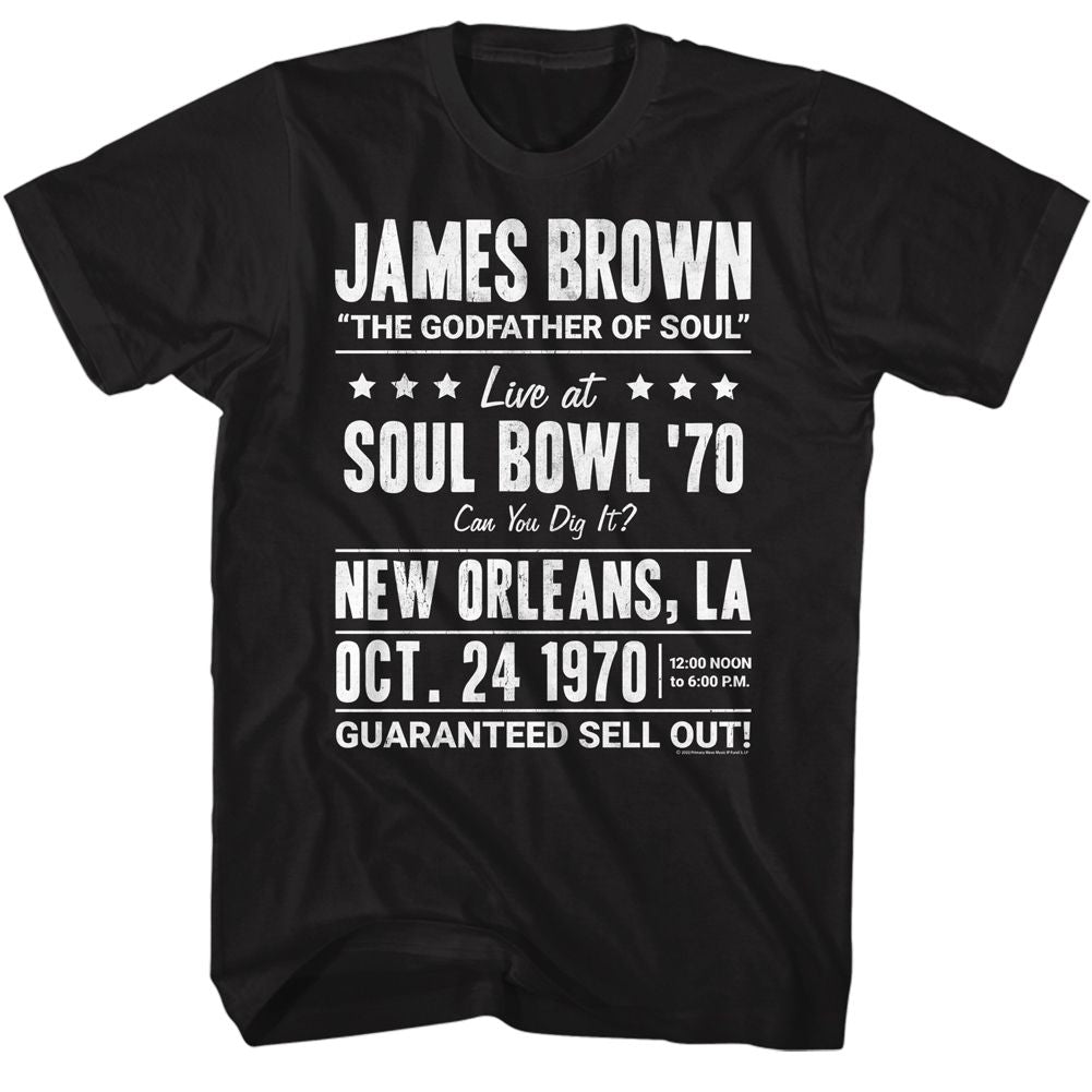 Black James Brown t-shirt featuring James Brown Soul Bowl 1970 design