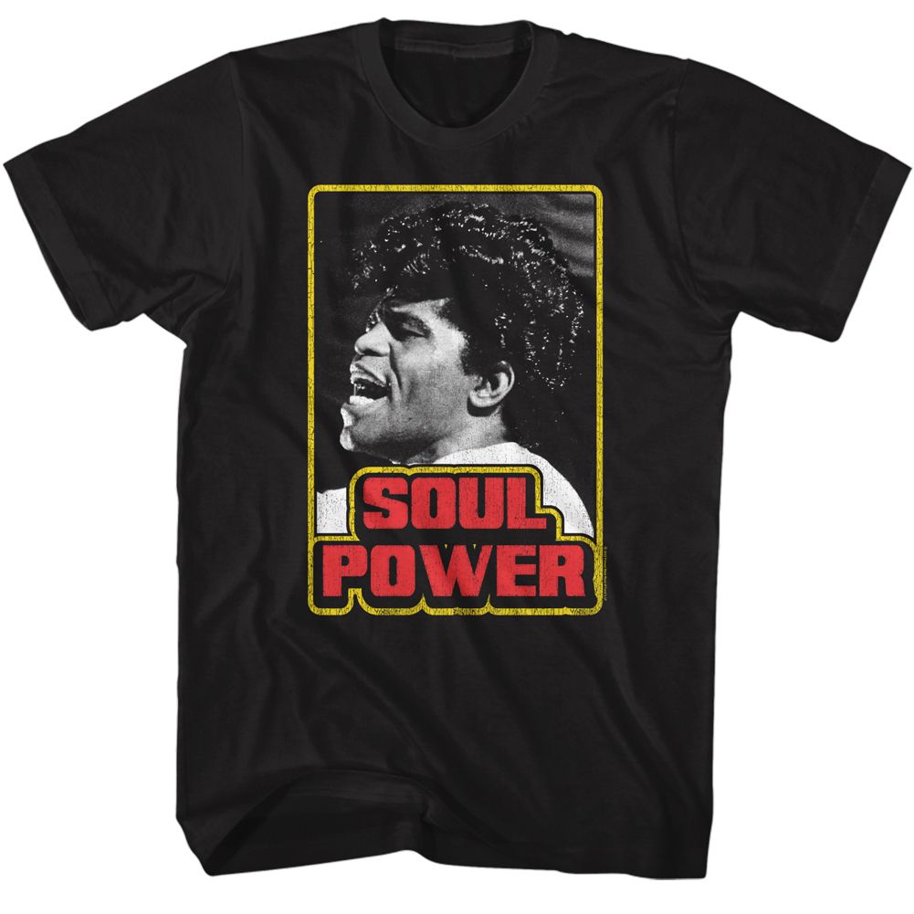 Black James Brown t-shirt featuring James Brown Soul Power design