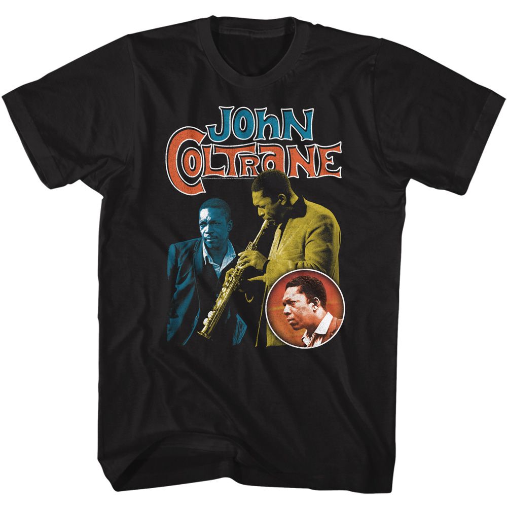 Black John Coltrane t-shirt featuring John Coltrane Three Pics design