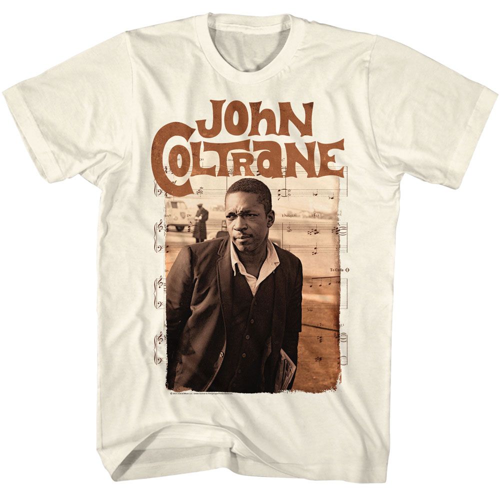 Natural John Coltrane t-shirt featuring John Coltrane Sepia And Notes design